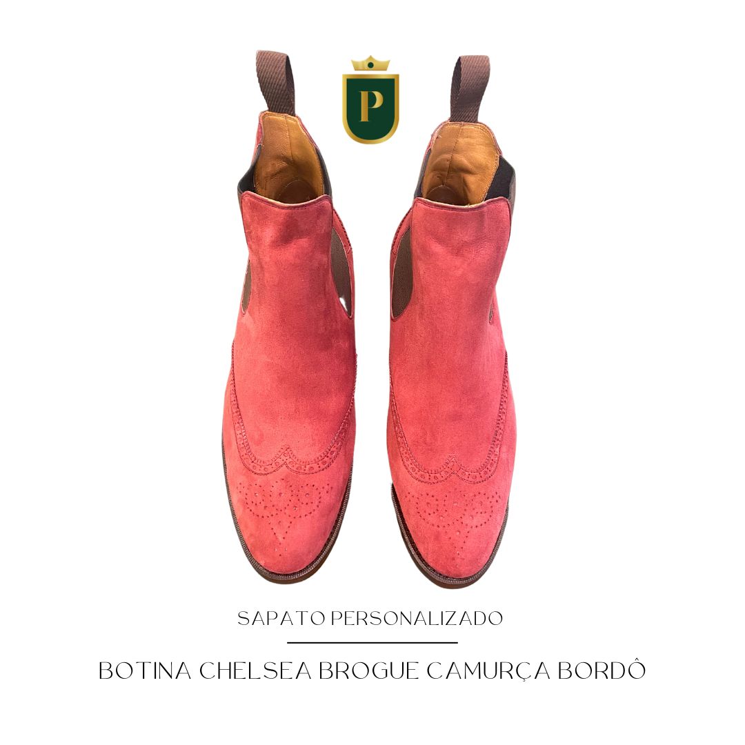 BOTA PERSONALIZADA BOTINA CHELSEA BROGUE JOHN CAMURÇA COR BORDÔ